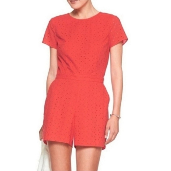 Banana Republic Pants - Banana Republic Vibrant Red Coral Eyelet Dress Romper Pantsuit